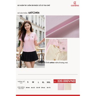 6ATC34 Áo nữ 𝐂𝐀𝐑𝐃𝐈𝐍𝐀 Tay cộc chất cotton phối dây buộc trước cổ Dễ Phối Đồ