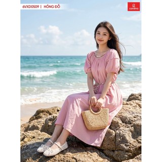 6VXD05 Đầm nữ CARDINA chất liệu thô gió dáng xòe dài tay cộc phối đai 6VXD05