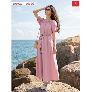 6VXD05 Đầm nữ CARDINA chất liệu thô gió dáng xòe dài tay cộc phối đai 6VXD05