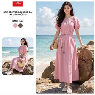 6VXD05 Đầm nữ CARDINA chất liệu thô gió dáng xòe dài tay cộc phối đai 6VXD05