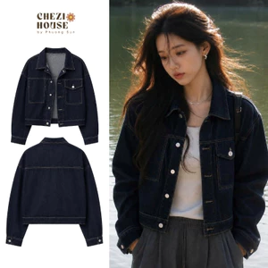 Áo Khoác Jean Nữ Phom Lửng CHEZI HOUSE Xanh Than Denim Phom Rộng Trẻ Trung Dài 55cm #7867