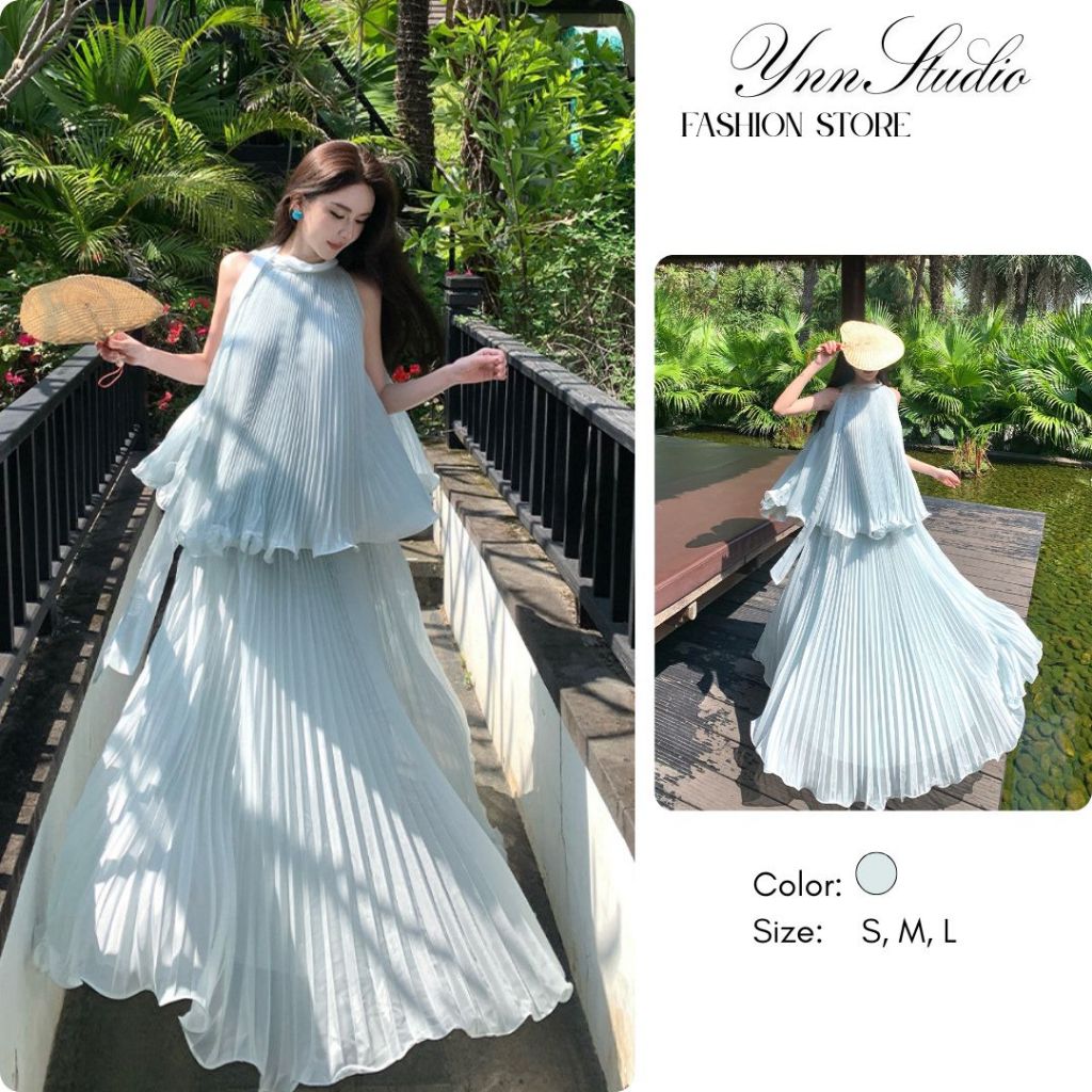 Set Đầm cổ yếm đi biển xếp ly màu xanh ngọc