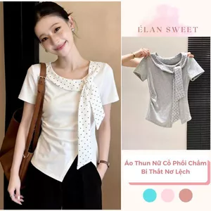 【Élan Sweet】Áo Thun Nữ Cổ Phối Chấm Bi Thắt Nơ Lệch - Áo Tay Ngắn Vạt Chéo Thiết Kế Sang Chảnh