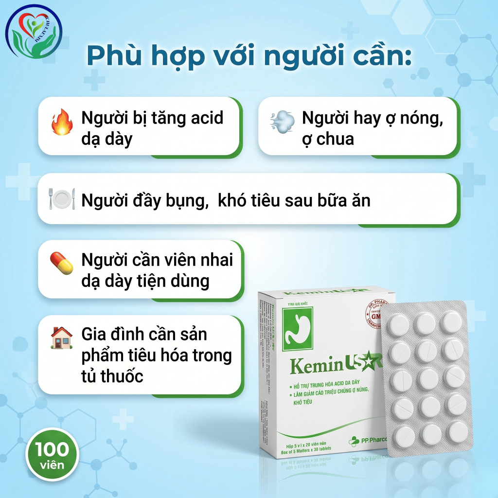 Viên nhai KeminUSAR 100 viên PP.Pharco hỗ trợ dạ dày, trung hòa acid, ợ nóng, ợ chua, khó tiêu