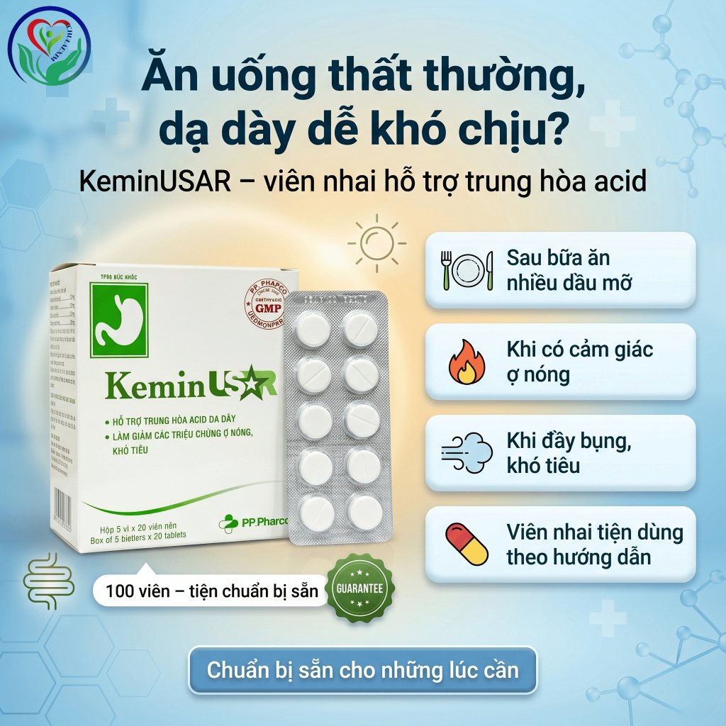 Viên nhai KeminUSAR 100 viên PP.Pharco hỗ trợ dạ dày, trung hòa acid, ợ nóng, ợ chua, khó tiêu