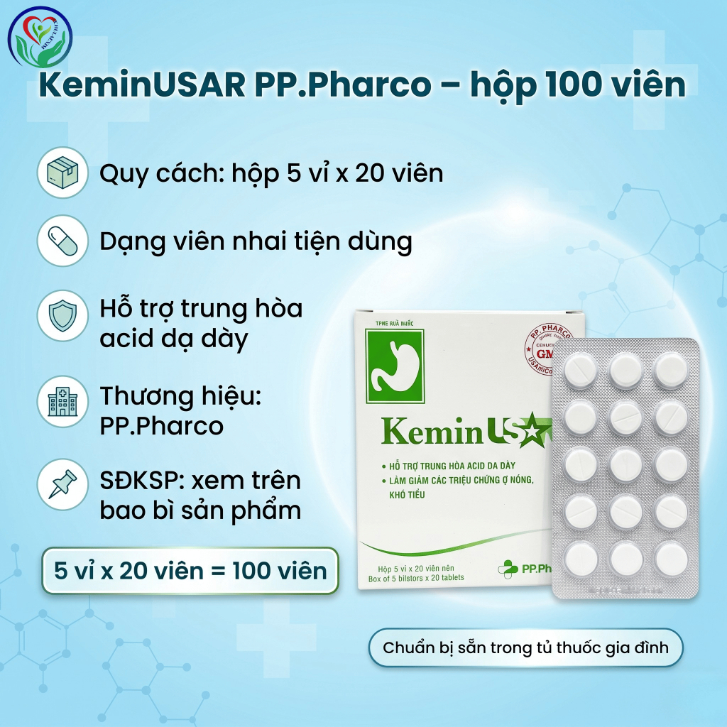 Viên nhai KeminUSAR 100 viên PP.Pharco hỗ trợ dạ dày, trung hòa acid, ợ nóng, ợ chua, khó tiêu