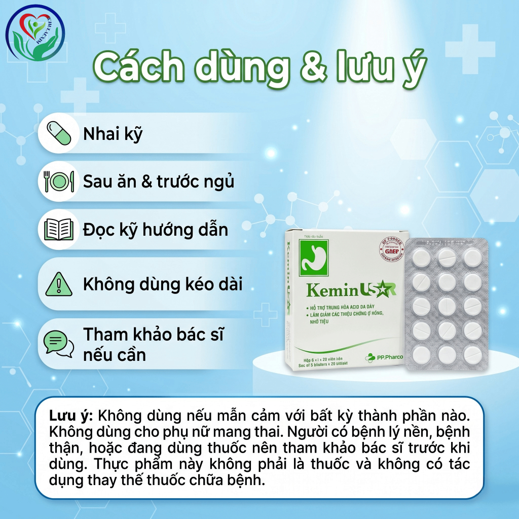 Viên nhai KeminUSAR 100 viên PP.Pharco hỗ trợ dạ dày, trung hòa acid, ợ nóng, ợ chua, khó tiêu
