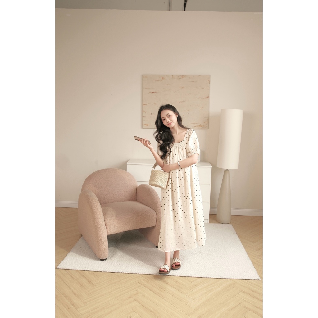 Váy Bầu Chấm Bi Bubble Dress L'amme - Chất Linen Tự Nhiên Mềm Mát, Họa Tiết Chấm Bi Nhỏ Trẻ Trung