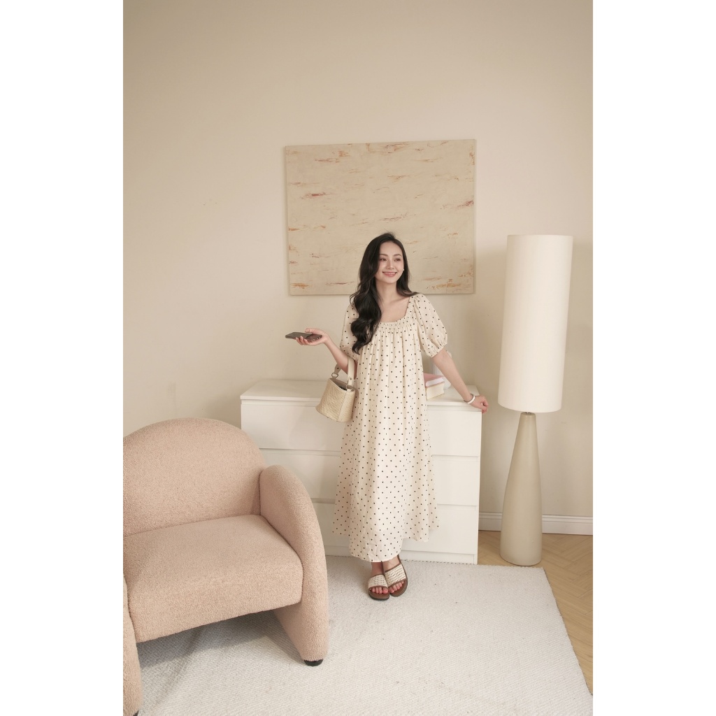 Váy Bầu Chấm Bi Bubble Dress L'amme - Chất Linen Tự Nhiên Mềm Mát, Họa Tiết Chấm Bi Nhỏ Trẻ Trung
