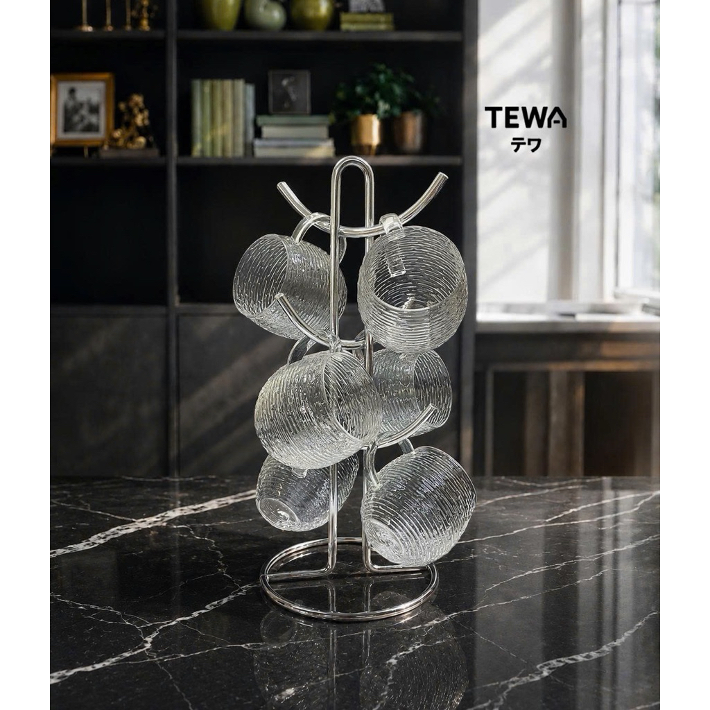 Bộ Thủy Tinh 6 Cốc Có Quai 350ml Dáng Bầu Vân Ngang Crista Home Cao Cấp - 60278