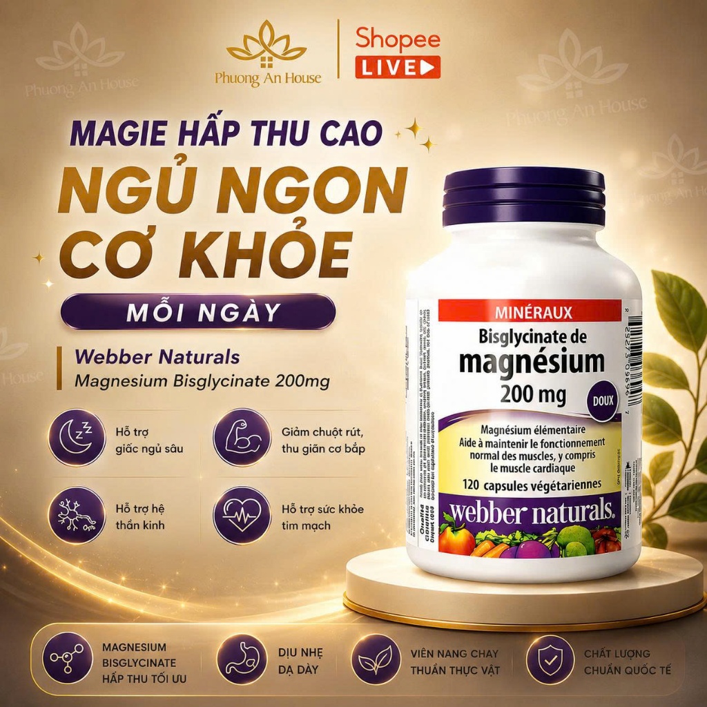 Viên Uống Bổ Sung Magie Webber Naturals Magnesium Bisglycinate 200mg 120 Capsules