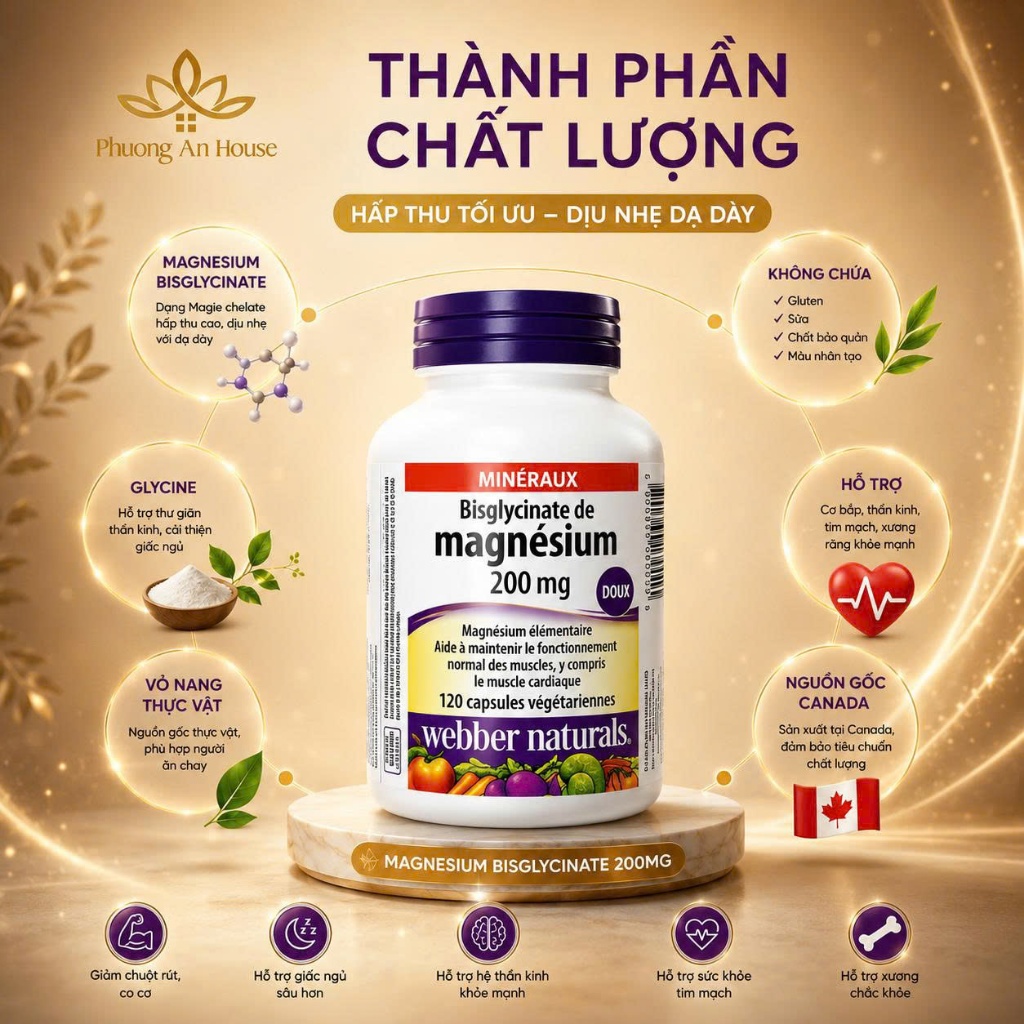 Viên Uống Bổ Sung Magie Webber Naturals Magnesium Bisglycinate 200mg 120 Capsules