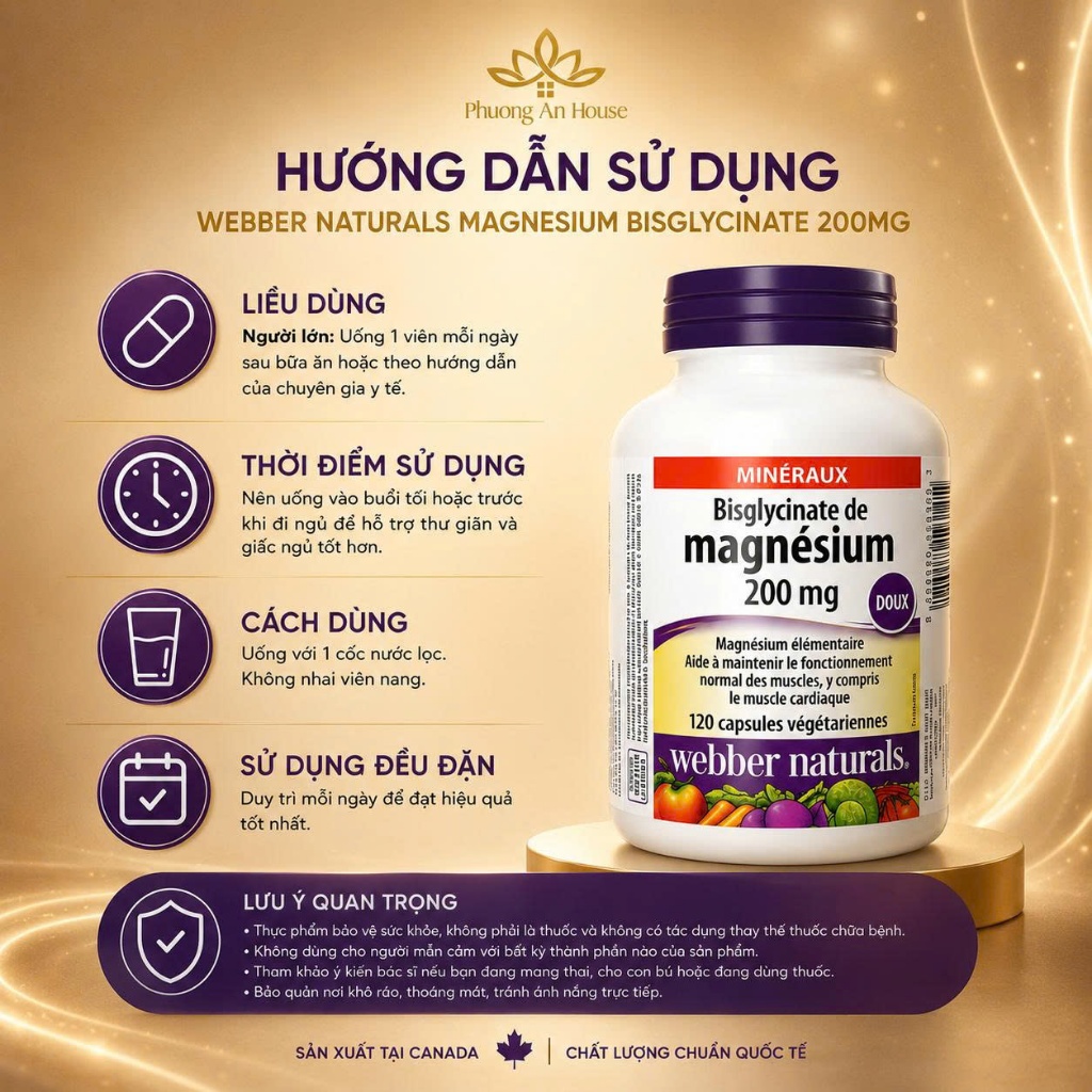 Viên Uống Bổ Sung Magie Webber Naturals Magnesium Bisglycinate 200mg 120 Capsules