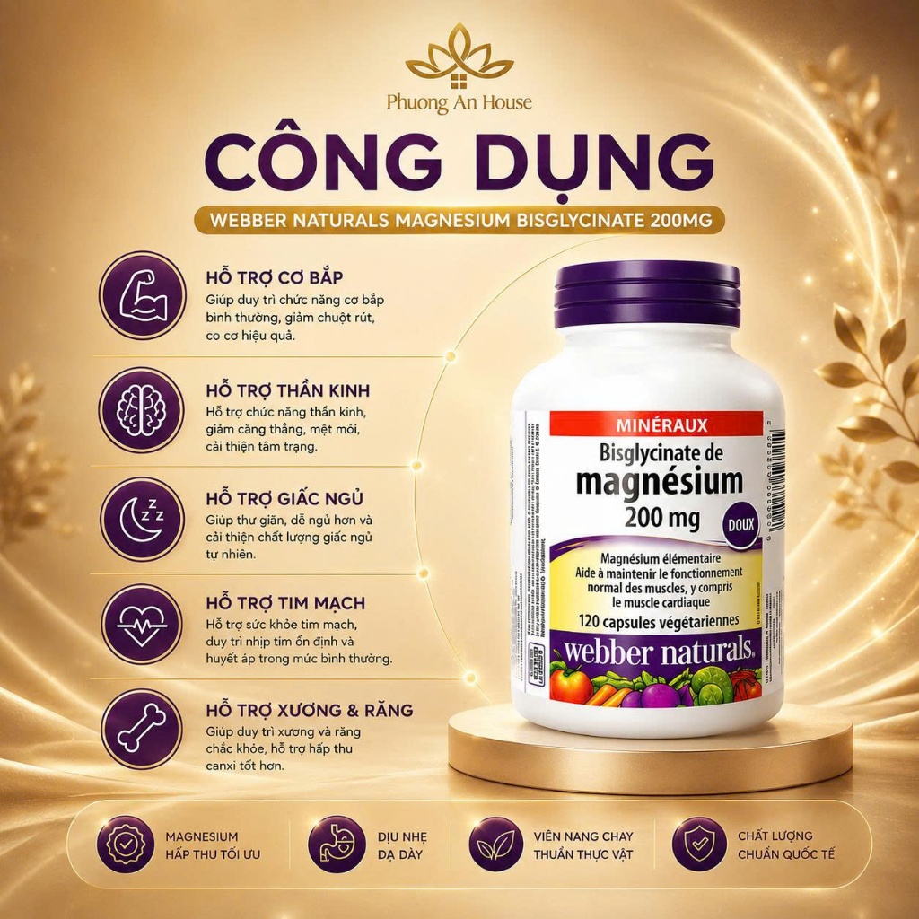 Viên Uống Bổ Sung Magie Webber Naturals Magnesium Bisglycinate 200mg 120 Capsules