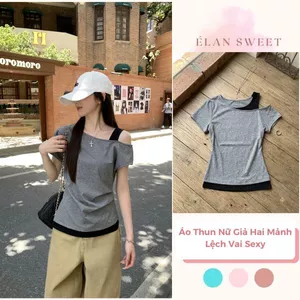 【Élan Sweet】Áo Cộc Nữ Giả Hai Mảnh Lệch Vai Sexy - Áo Ngắn Tay Cổ Vát Phối Dây Áo Dây Đen Cá Tính