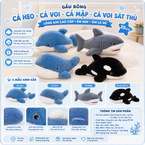 Gấu Bông Cá Heo Cá Voi Cá Mập Cá Voi Sát Thủ 25cm – Lông Kim Cao Cấp, Mềm Mịn, Ôm Là Mê