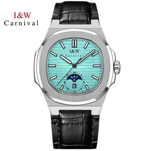 Đồng Hồ Nam Chính Hãng I&W Carnival 735G1-D6 Máy Cơ Tự Động Mặt Màu Xanh Tiffany Dây Da Chống Nước