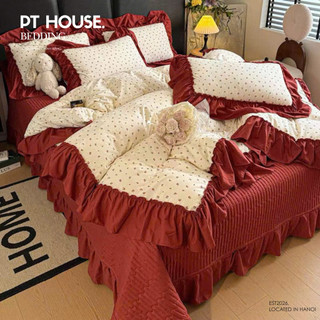[Màu Mới] Bộ Chăn Ga Gối Cotton Đũi Hoa Nhí Phối Bèo Nhún Phong Cách Vintage Hàn Quốc, Set Chăn Ga Gối Đệm 4 Món Cao Cấp