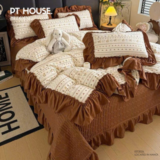 [Màu Mới] Bộ Chăn Ga Gối Cotton Đũi Hoa Nhí Phối Bèo Nhún Phong Cách Vintage Hàn Quốc, Set Chăn Ga Gối Đệm 4 Món Cao Cấp