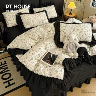 [Màu Mới] Bộ Chăn Ga Gối Cotton Đũi Hoa Nhí Phối Bèo Nhún Phong Cách Vintage Hàn Quốc, Set Chăn Ga Gối Đệm 4 Món Cao Cấp