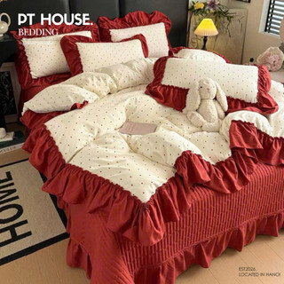 [Màu Mới] Bộ Chăn Ga Gối Cotton Đũi Hoa Nhí Phối Bèo Nhún Phong Cách Vintage Hàn Quốc, Set Chăn Ga Gối Đệm 4 Món Cao Cấp