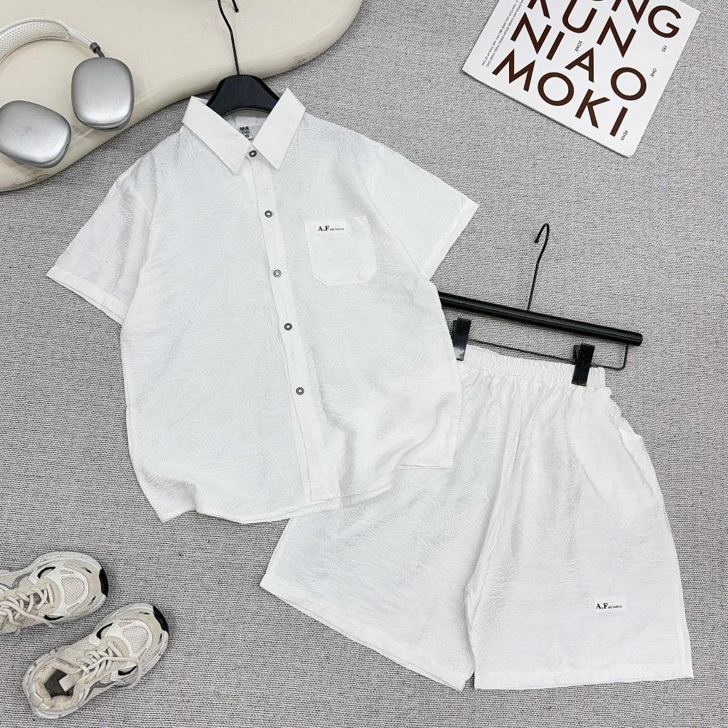 Bộ Sơ Mi Đũi Vân Mây Bé Trai 17-60kg, Set Áo Cộc Tay Quần Short Mùa Hè Đi Chơi Du Lịch Cực Ngầu 6-15 Tuổi