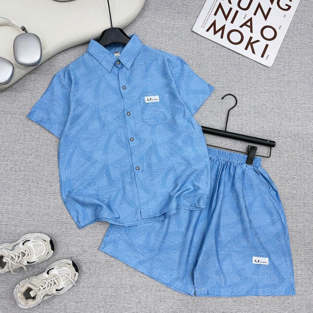 Bộ Sơ Mi Đũi Vân Mây Bé Trai 17-60kg, Set Áo Cộc Tay Quần Short Mùa Hè Đi Chơi Du Lịch Cực Ngầu 6-15 Tuổi