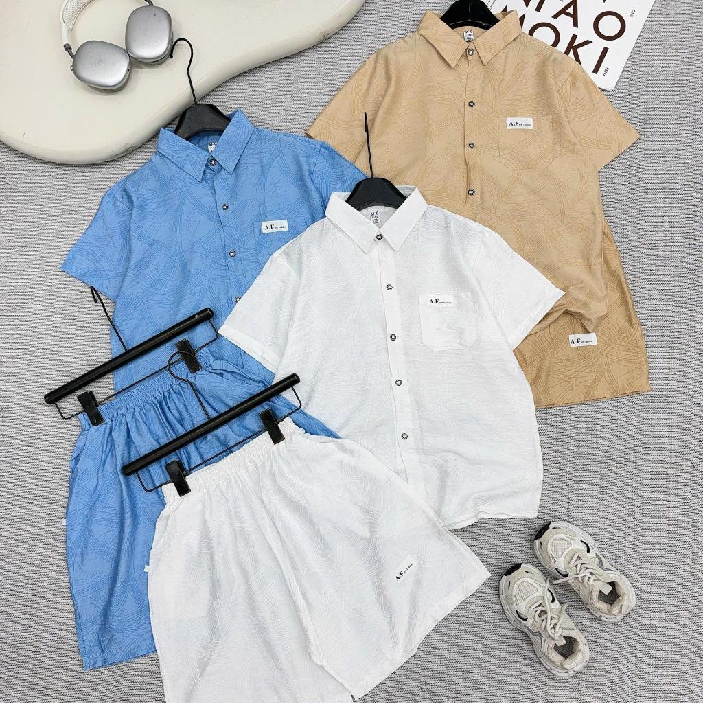 Bộ Sơ Mi Đũi Vân Mây Bé Trai 17-60kg, Set Áo Cộc Tay Quần Short Mùa Hè Đi Chơi Du Lịch Cực Ngầu 6-15 Tuổi