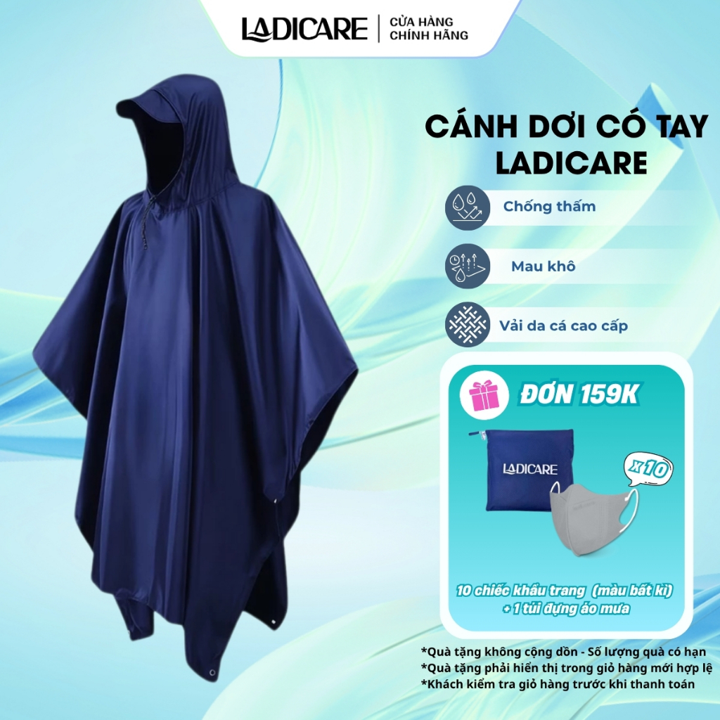 [Loại tốt] Áo mưa LADICARE vải da cá chống thấm - thiết kế cánh dơi có tay, che toàn thân, thoải mái đi mưa