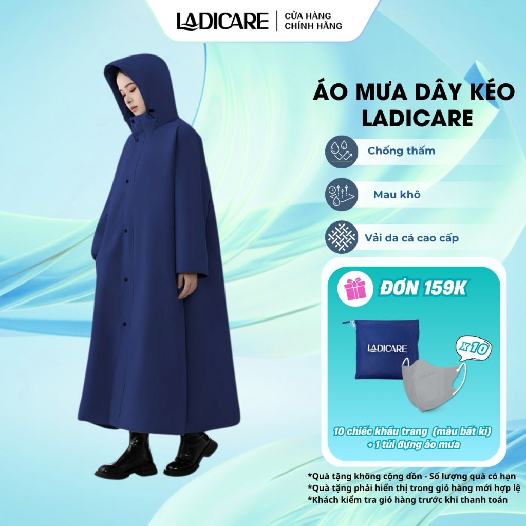 [Loại Tốt] Áo mưa măng tô LADICARE có dây kéo, chống thấm cực tốt với vải da cá cao cấp, thoải mái đi mưa