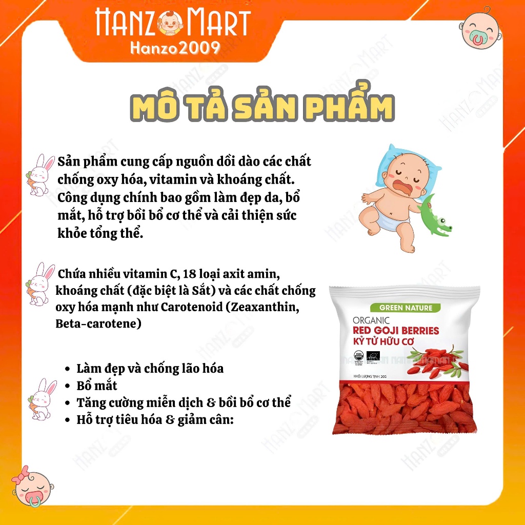 Kỷ Tử Hữu Cơ Green Nature túi 20g Kỉ tử Ninh Hạ quả to, ngon ngọt, hầm cháo, chưng lê cho bé