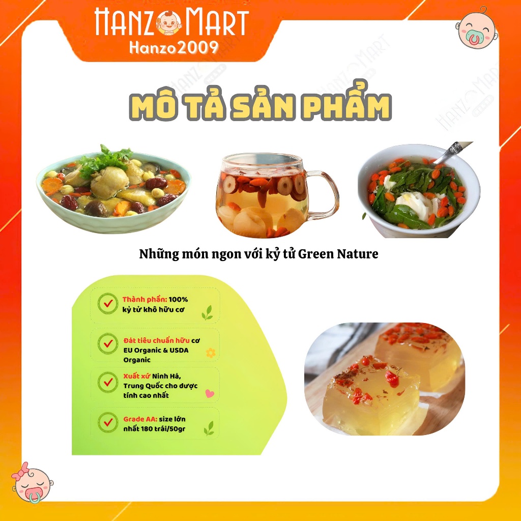 Kỷ Tử Hữu Cơ Green Nature túi 20g Kỉ tử Ninh Hạ quả to, ngon ngọt, hầm cháo, chưng lê cho bé