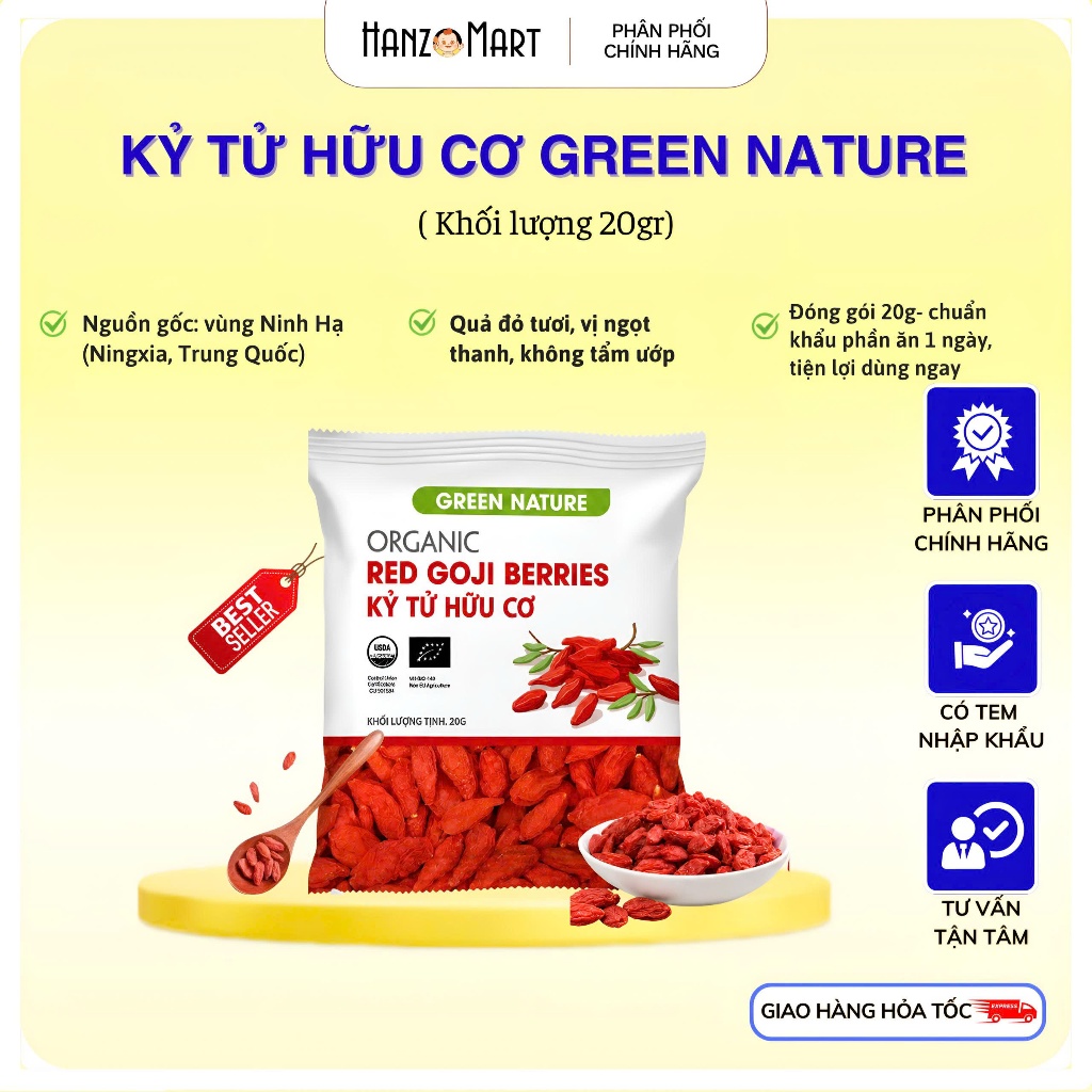 Kỷ Tử Hữu Cơ Green Nature túi 20g Kỉ tử Ninh Hạ quả to, ngon ngọt, hầm cháo, chưng lê cho bé