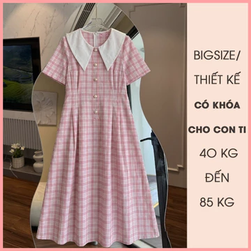 Váy cho con bú giấu bụng sau sinh OanhLTK Váy cho con ti kẻ hồng cổ trắng khóa dọc 2 bên 40-85kg