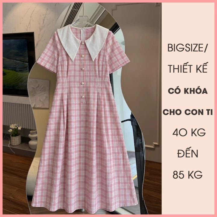 Váy cho con bú giấu bụng sau sinh OanhLTK Váy cho con ti kẻ hồng cổ trắng khóa dọc 2 bên 40-85kg