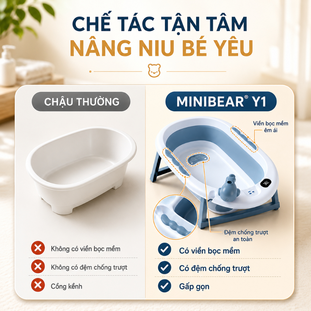 Chậu tắm gập gọn MiniBear size đại – Thiết kế dày dặn, an toàn cho trẻ sơ sinh, bồn tắm trẻ nhỏ cao cấp mới nhất
