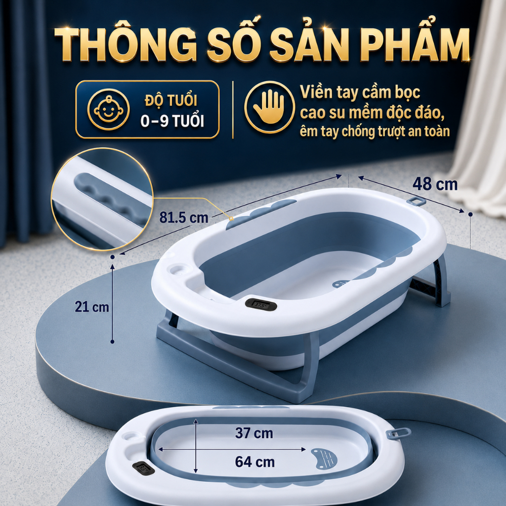 Chậu tắm gập gọn MiniBear size đại – Thiết kế dày dặn, an toàn cho trẻ sơ sinh, bồn tắm trẻ nhỏ cao cấp mới nhất