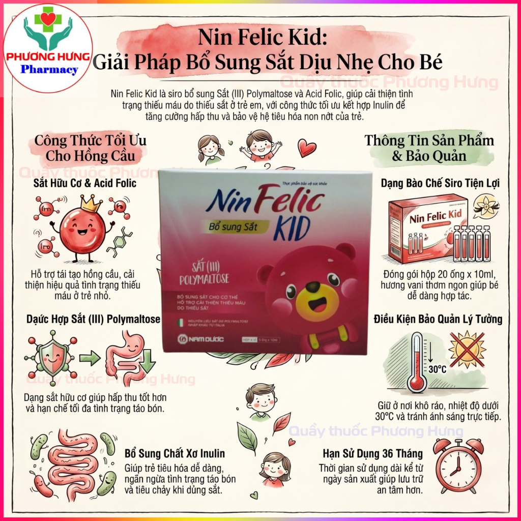 Nin Felic Kid Nam Dược Bổ Sung Sắt Hữu Cơ Và Acid Folic Giảm Thiếu Máu Do Thiếu Sắt Ở Trẻ-Hộp 20 Ống
