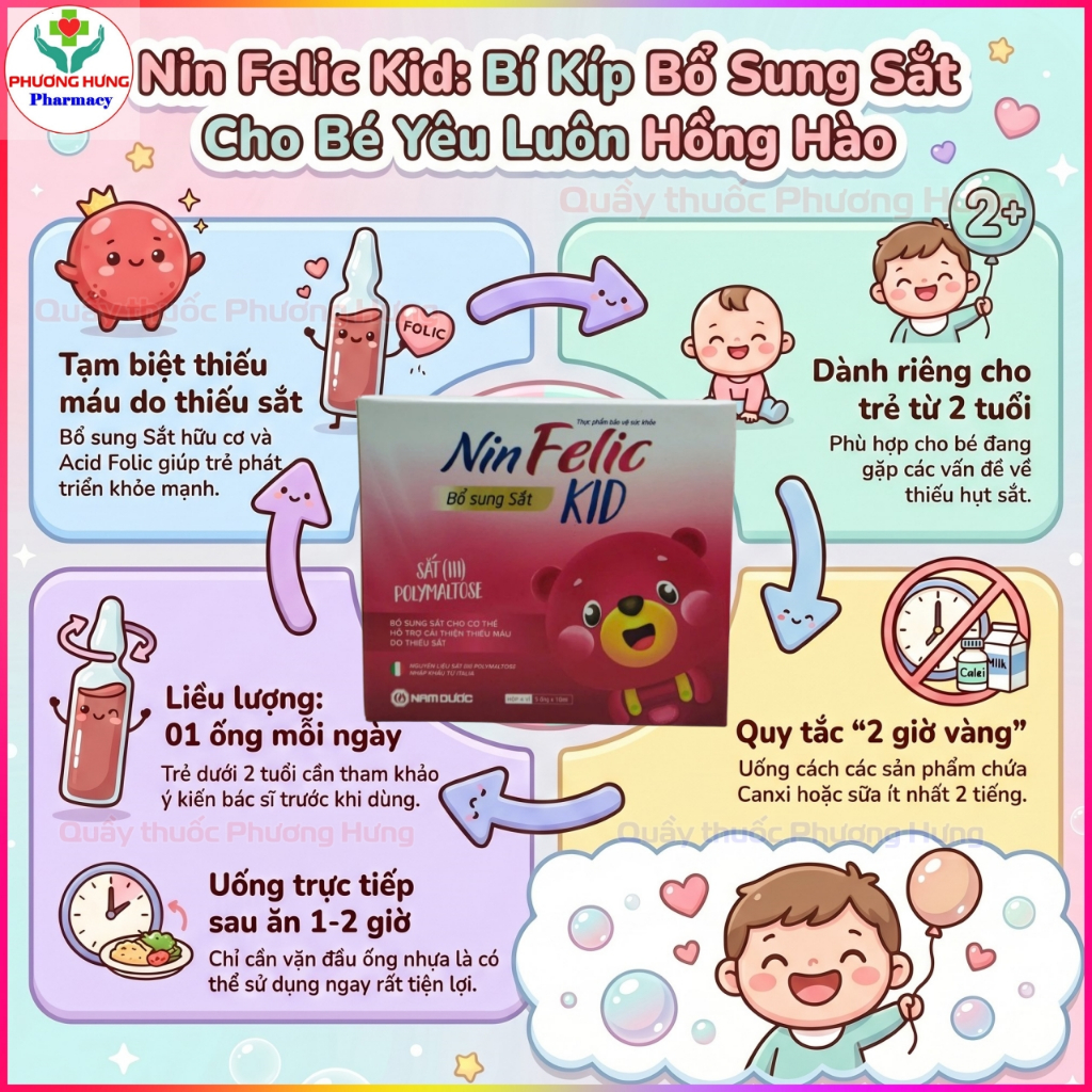 Nin Felic Kid Nam Dược Bổ Sung Sắt Hữu Cơ Và Acid Folic Giảm Thiếu Máu Do Thiếu Sắt Ở Trẻ-Hộp 20 Ống