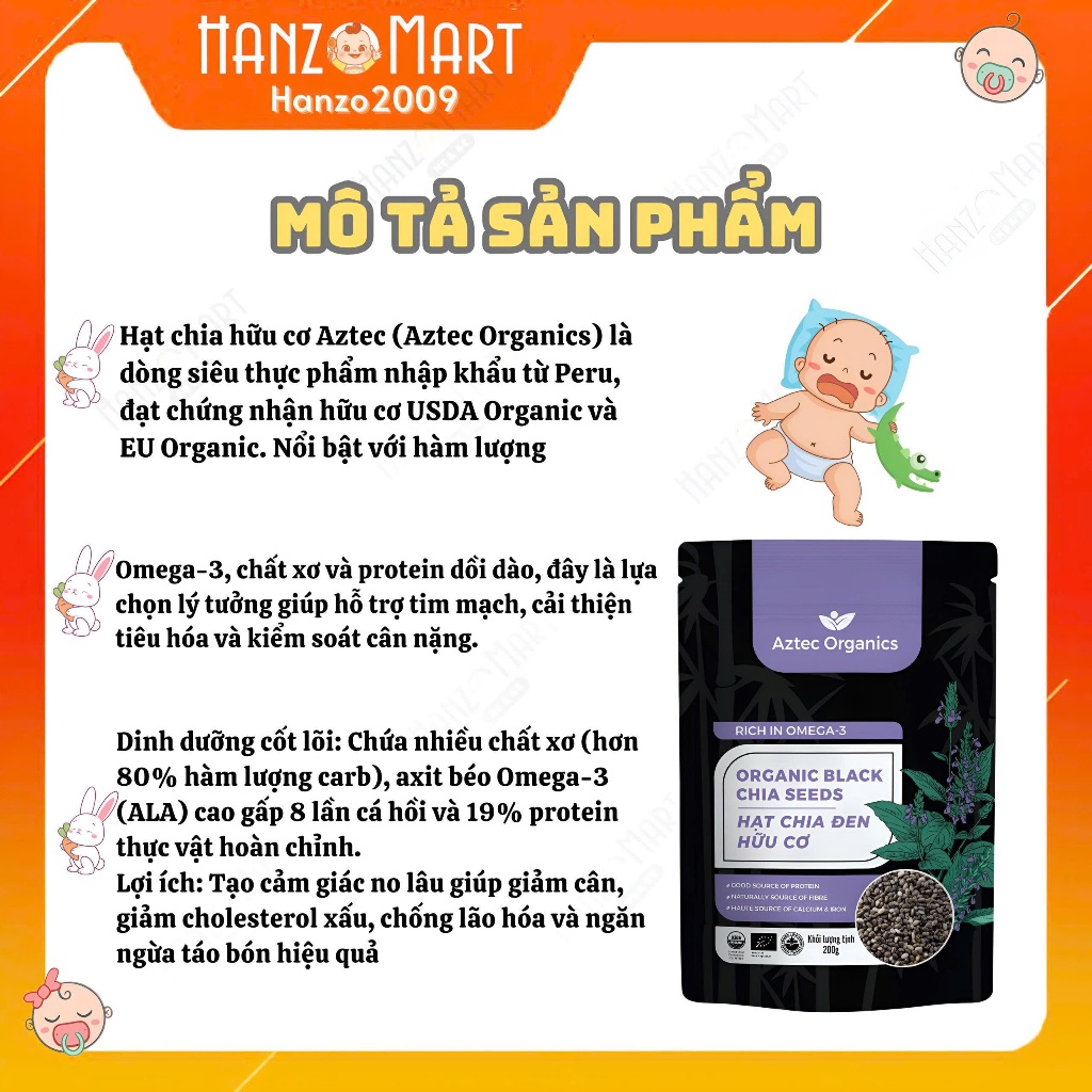 Hạt Chia Hữu Cơ Aztec Organics hỗ trợ tiêu hóa tốt cho bé ăn dặm 200g - hanzo2009