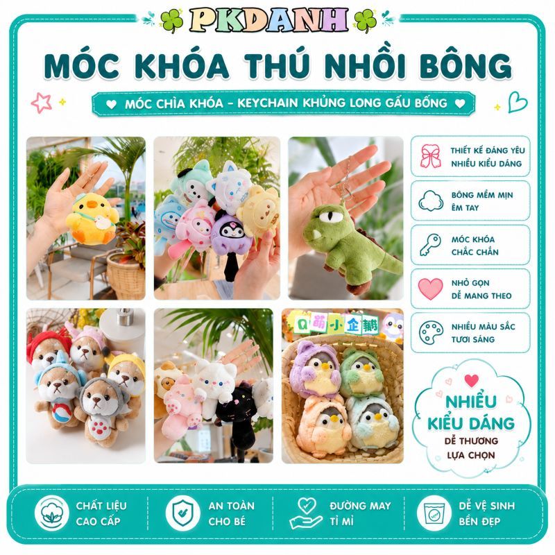 Móc khóa thú nhồi bông, móc chìa khoá keychain khủng long gấu bông treo cặp túi xách balo