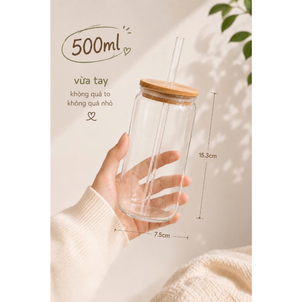 Ly Thủy Tinh 500ml Có Nắp Tre Kèm Ống Hút Thủy Tinh - Ly Uống Nước, Cà Phê, Matcha, Detox