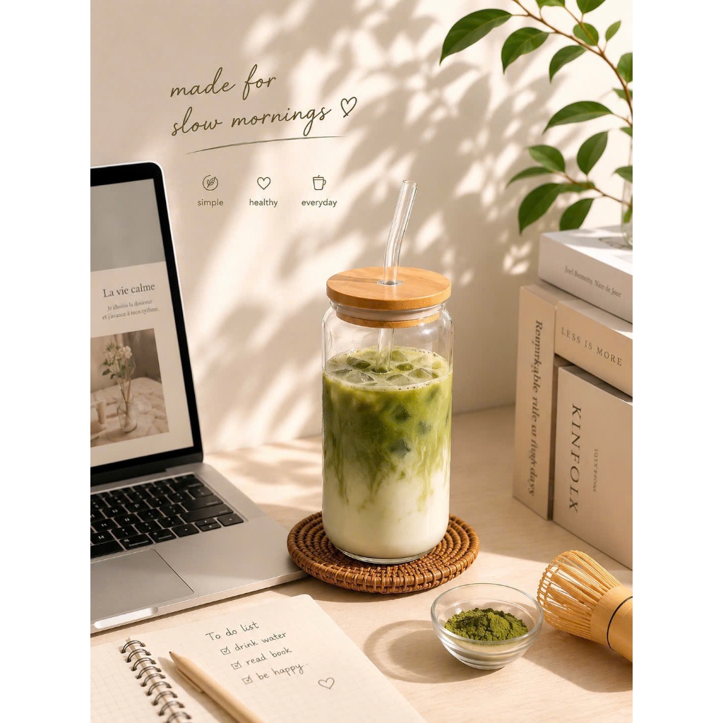 Ly Thủy Tinh 500ml Có Nắp Tre Kèm Ống Hút Thủy Tinh - Ly Uống Nước, Cà Phê, Matcha, Detox