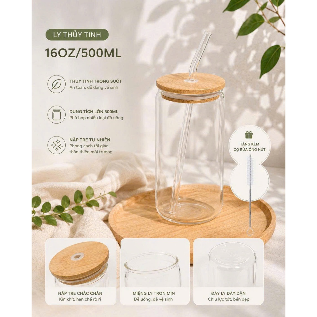 Ly Thủy Tinh 500ml Có Nắp Tre Kèm Ống Hút Thủy Tinh - Ly Uống Nước, Cà Phê, Matcha, Detox