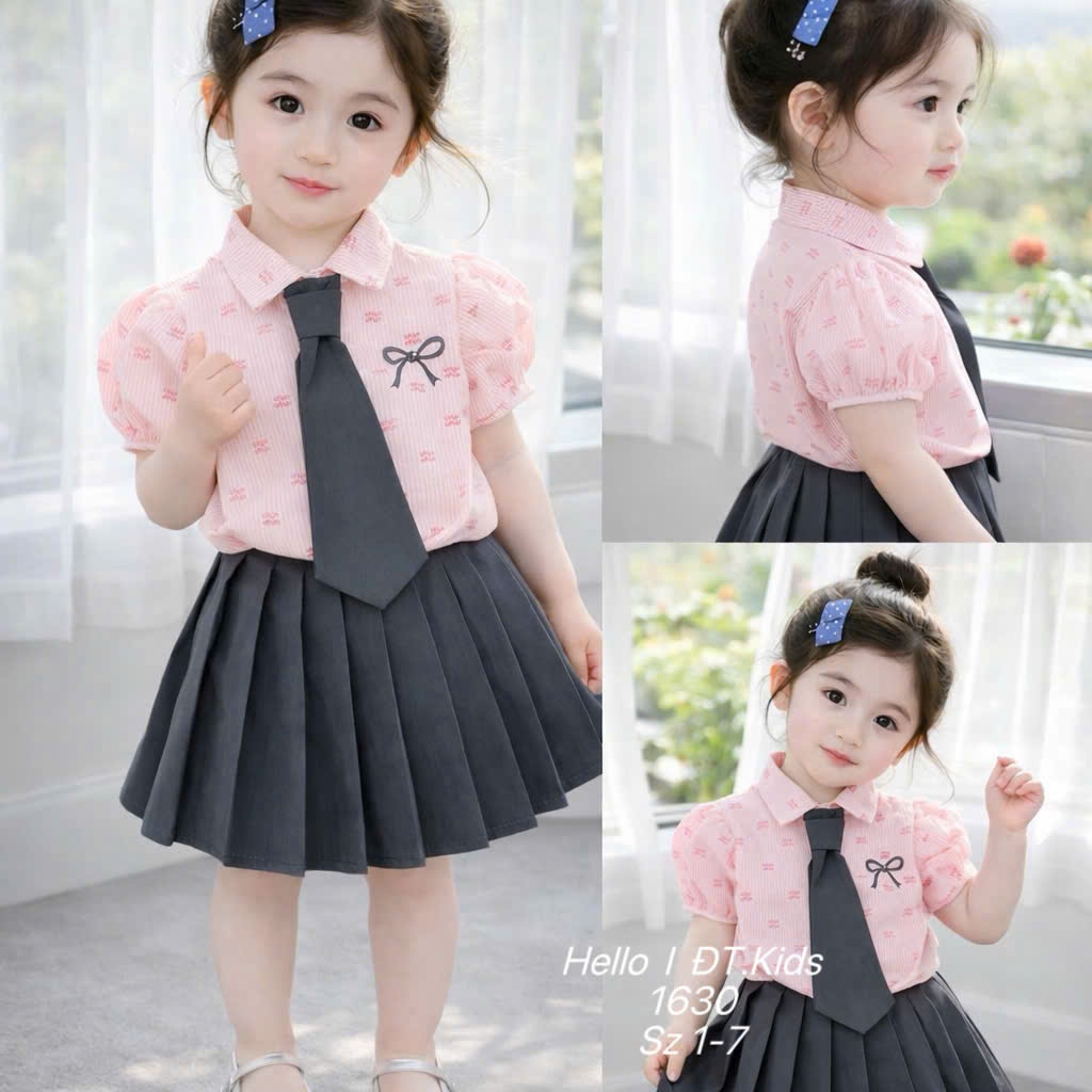 Set Chân Váy Phối Áo Sơ Mi Kèm Cà Vạt Cho Bé Gái Set Áo Sơ Mi Họa Tiết Nơ Kèm Chân Váy Xếp Ly BR24