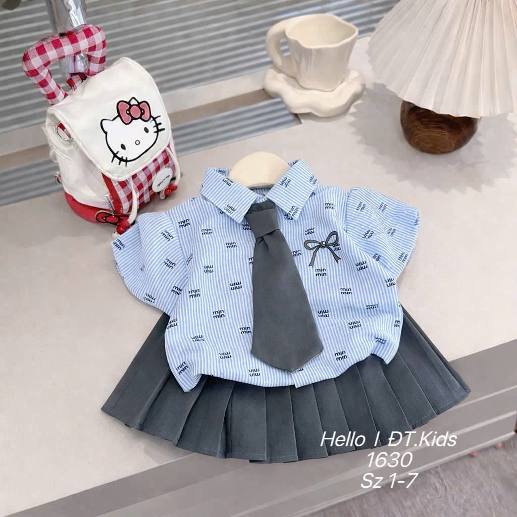 Set Chân Váy Phối Áo Sơ Mi Kèm Cà Vạt Cho Bé Gái Set Áo Sơ Mi Họa Tiết Nơ Kèm Chân Váy Xếp Ly BR24