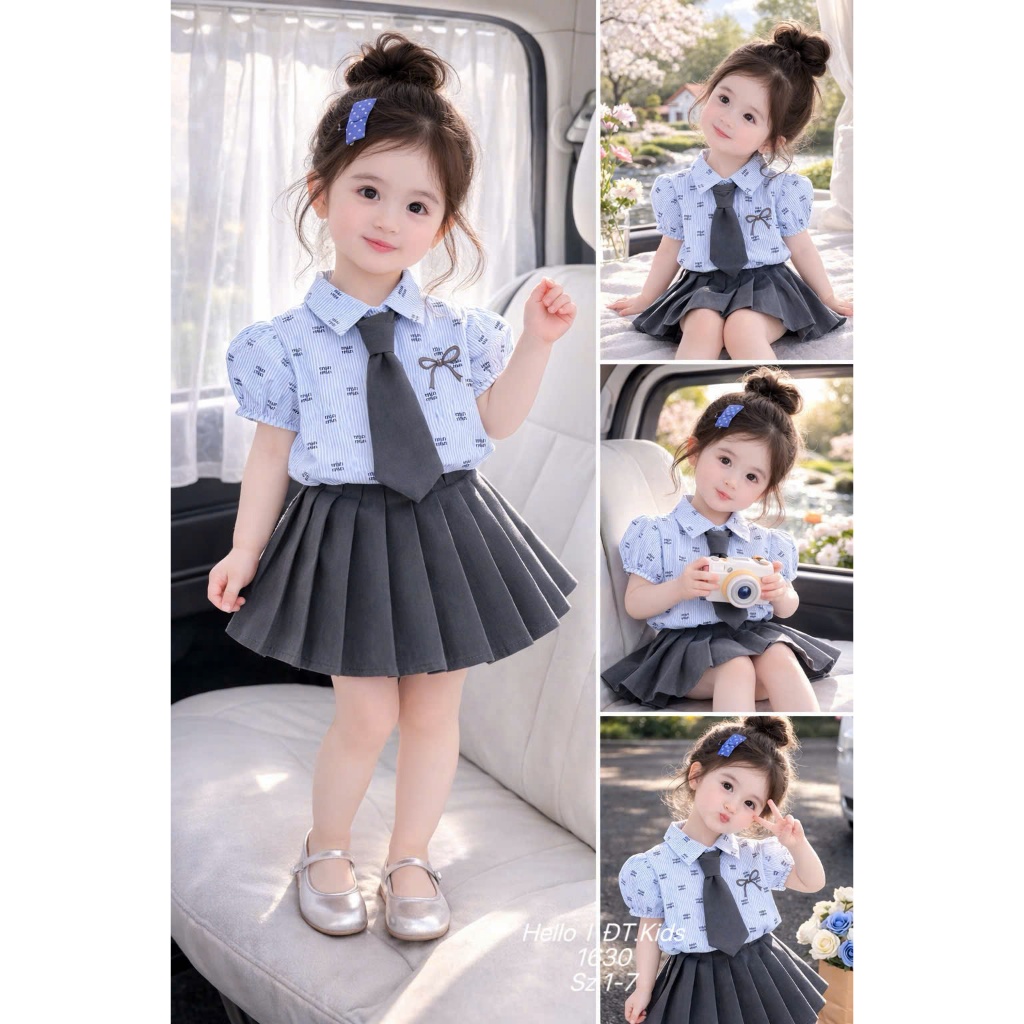 Set Chân Váy Phối Áo Sơ Mi Kèm Cà Vạt Cho Bé Gái Set Áo Sơ Mi Họa Tiết Nơ Kèm Chân Váy Xếp Ly BR24