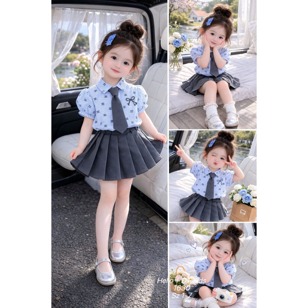 Set Chân Váy Phối Áo Sơ Mi Kèm Cà Vạt Cho Bé Gái Set Áo Sơ Mi Họa Tiết Nơ Kèm Chân Váy Xếp Ly BR24