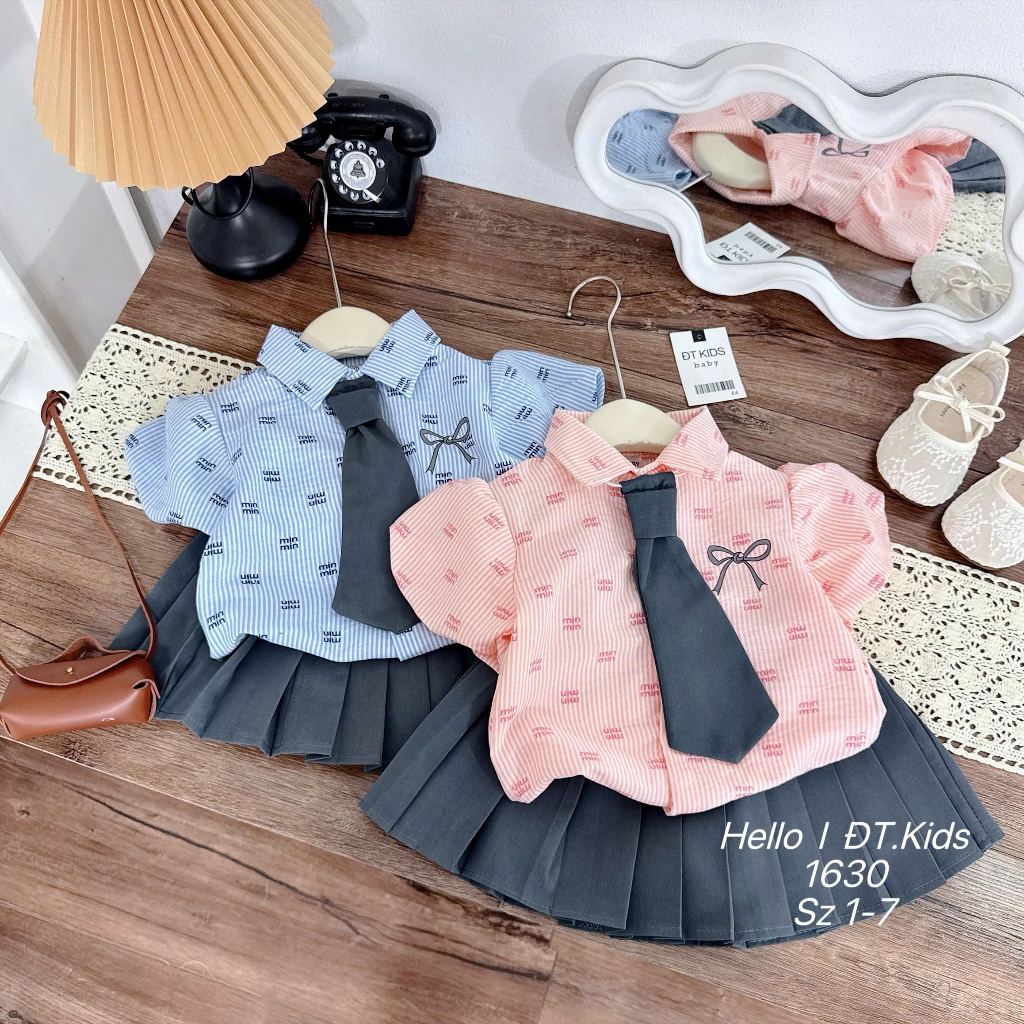 Set Chân Váy Phối Áo Sơ Mi Kèm Cà Vạt Cho Bé Gái Set Áo Sơ Mi Họa Tiết Nơ Kèm Chân Váy Xếp Ly BR24