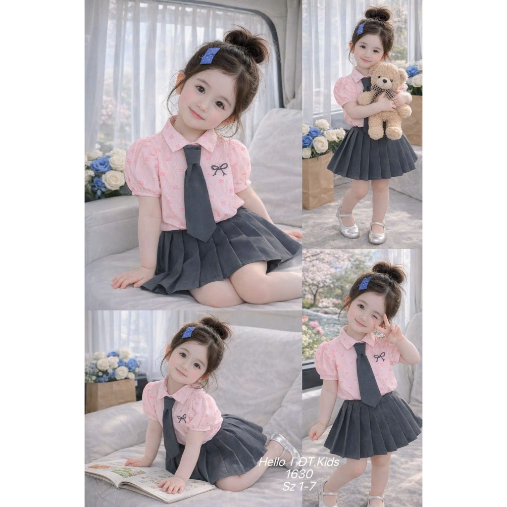Set Chân Váy Phối Áo Sơ Mi Kèm Cà Vạt Cho Bé Gái Set Áo Sơ Mi Họa Tiết Nơ Kèm Chân Váy Xếp Ly BR24
